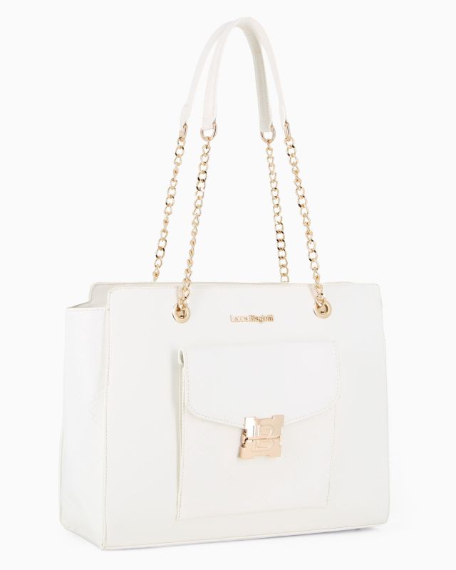 Product: LAURA BIAGIOTTI - Borsa shopping bianca con tasca frontale con patta e chiusura logo a incasso (1 of 4)