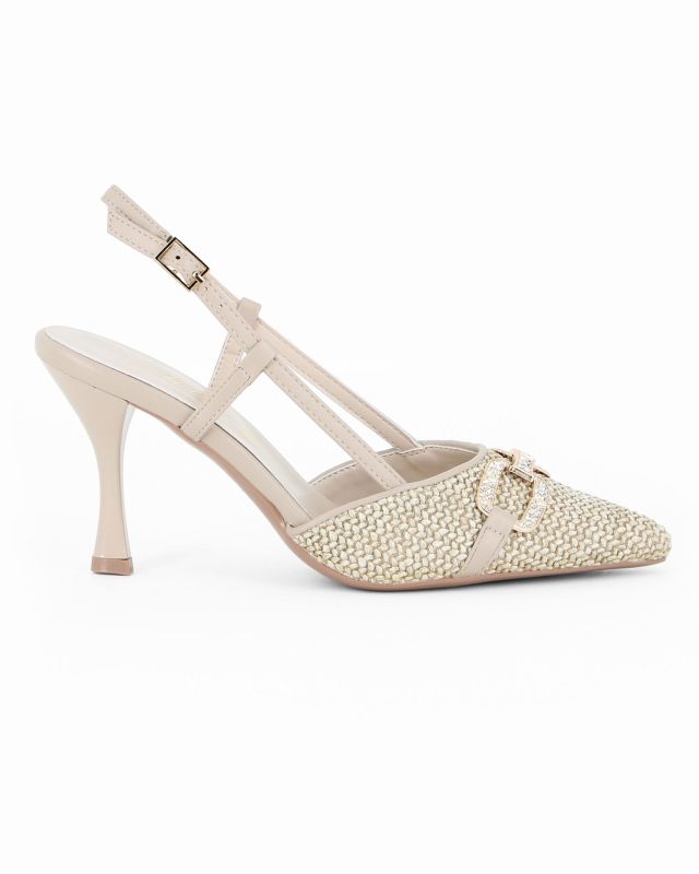 Product: MISS GLOBO - Décolleté slingback beige intrecciata con morsetto in strass, tacco 8,5CM (1 of 5)