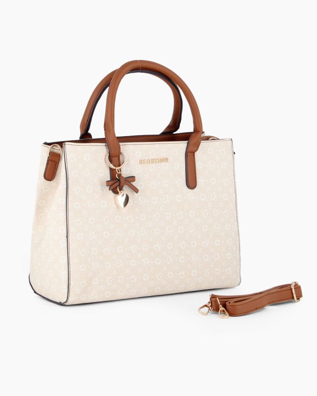 Product: SOLO SOPRANI - Borsa due manici panna loggata con ciondolo fiocco+cuore, tracolla removibile (1 of 5)