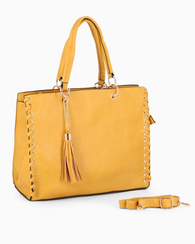 Product: NARDINI - Borsa due manici gialla con tasca posteriore e pennacchio a frange, tracolla removibile (6 of 6)