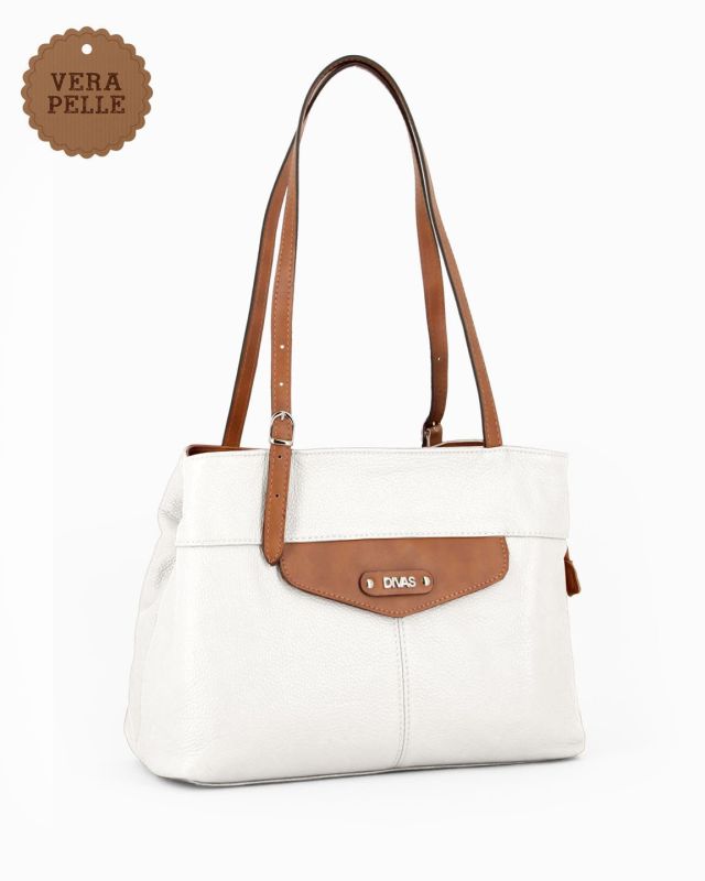 Product: DIVAS - Borsa a spalla bianca in VERA PELLE con finiture cuoio e manici regolabili, MADE IN ITALY (5 of 7)
