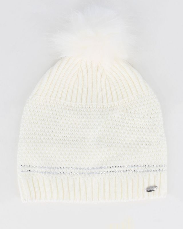 Product: BRUGI - Berretto bianco a maglia da donna con pon pon, strass e fodera in pile (1 of 5)