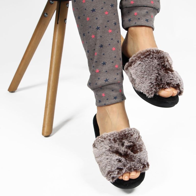 Product: FZ - Pantofole marroni in peluche aperte in punta con fondo nero (1 of 2)