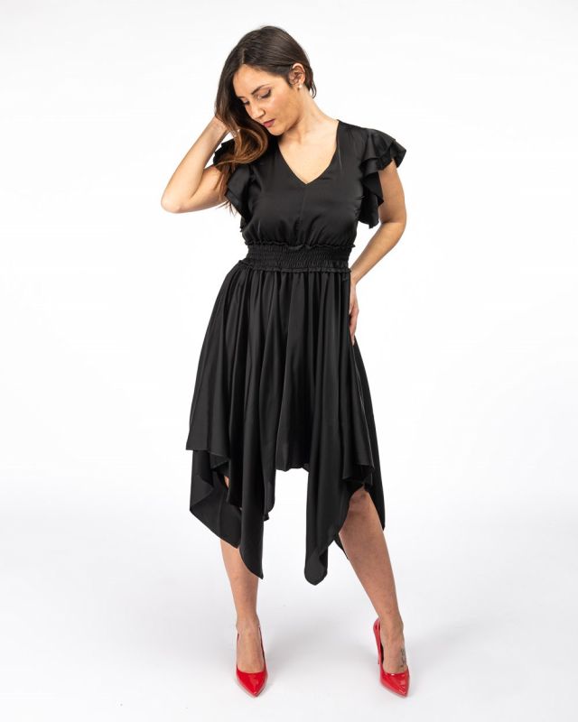 Product: PAQUITA - VESTITINO NERO IN RASO CON SCOLLO A V, VITA ARRICCITA E MANICHETTA MORBIDA (1 of 5)