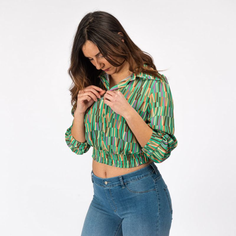 Product: PAQUITA - CAMICIA CROPPED VERDE A FANTASIA CON MANICA 3/4 (1 of 3)