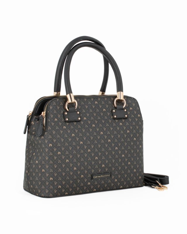 Product: CORTINA POLO STYLE - Bauletto due manici nero/taupe loggato con tre scomparti principali, tracolla removibile (1 of 4)