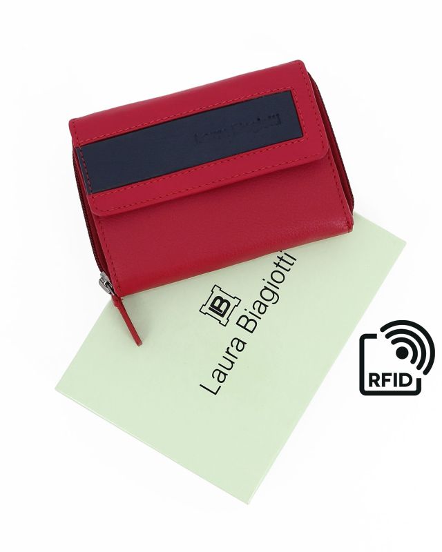 Product: Portafoglio donna rosso e blu con incisione logo frontale e patta, in VERA PELLE - Laura Biagiotti (1 of 9)