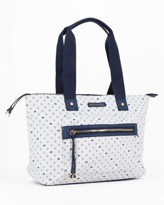 Product: CORTINA POLO STYLE - Borsa shopping bianca e blu loggata con zip frontale (1 of 4)