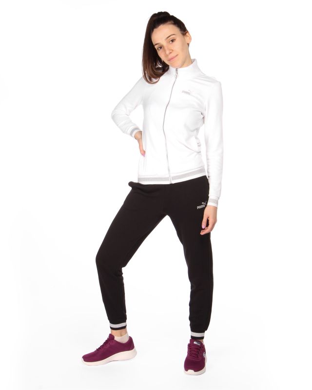 Product: PUMA - Tuta completa da donna bianca e nera con zip frontale e dettagli argento glitter (1 of 6)