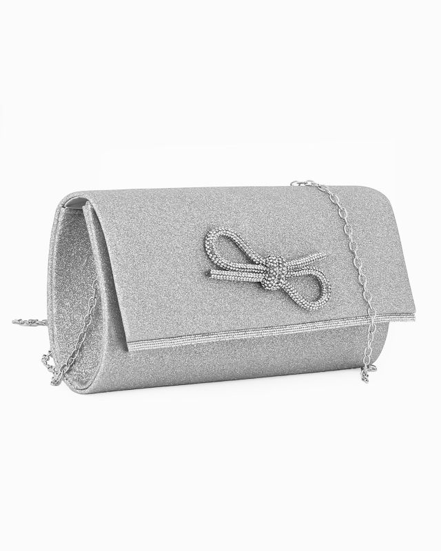 Product: MISS GLOBO - Bustina argento glitterata con fiocco di strass e finitura sulla patta (1 of 4)