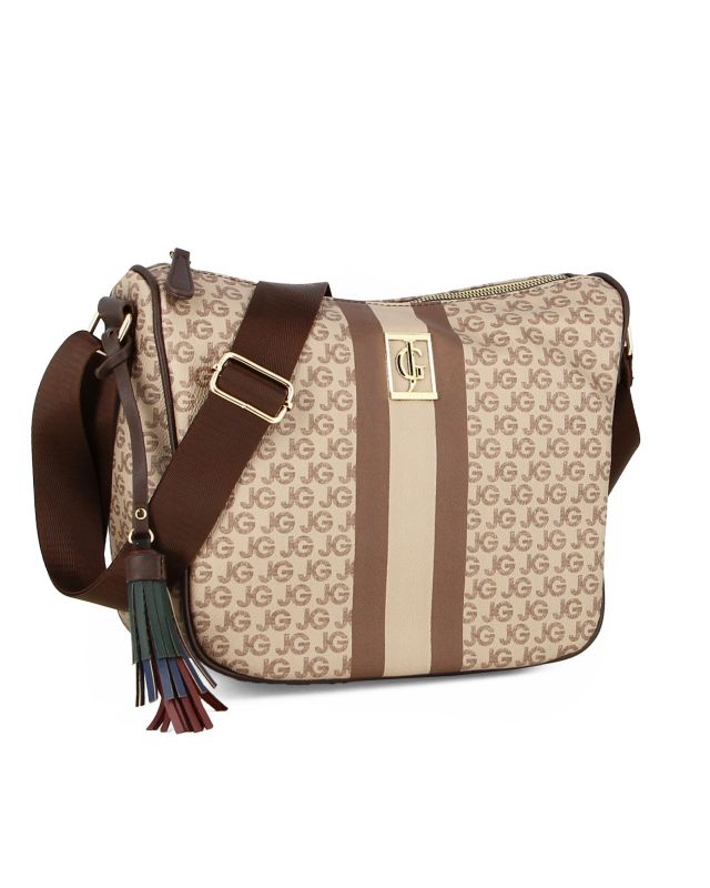 Product: JUST GOLF - Tracolla mezzaluna taupe con logo metallico frontale e pennacchio a frange multicolor (1 of 4)