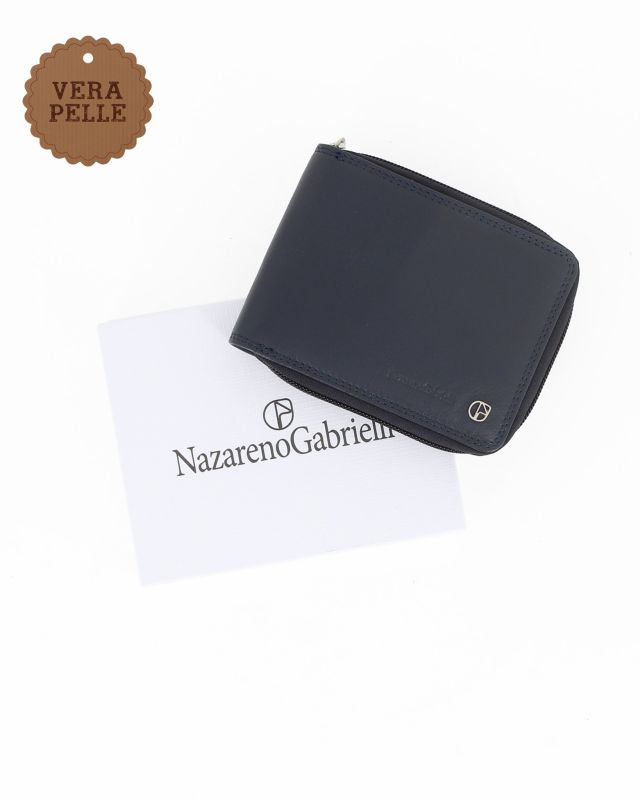 Product: NAZARENO GABRIELLI - Portafoglio blu da uomo in VERA PELLE con chiusura a zip (1 of 4)