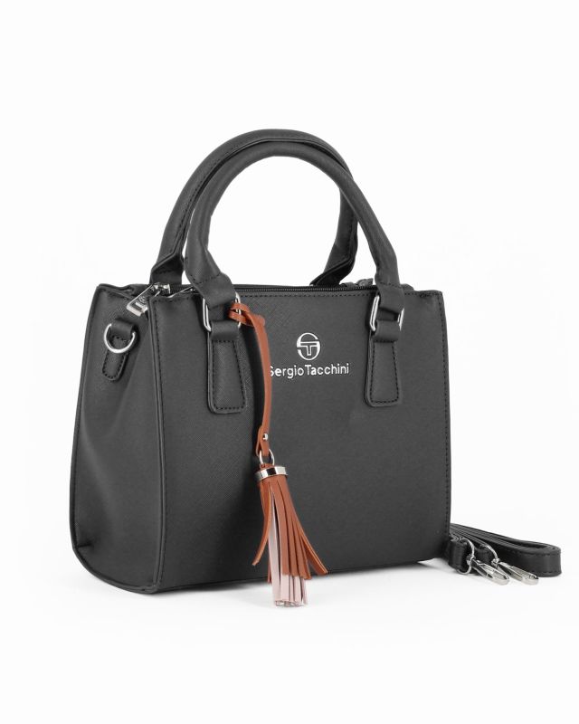 Product: SERGIO TACCHINI - Borsa due manici nera con pennacchio a frange e tre scomparti principali, tracolla removibile (1 of 4)