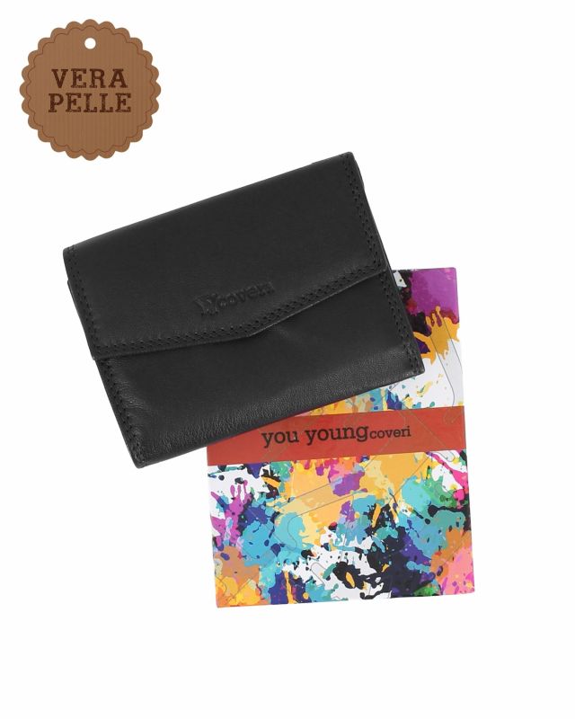 Product: YOU YOUNG COVERI - Portafoglio nero in VERA PELLE da donna con patta e taschino posteriore (1 of 4)