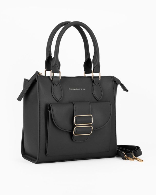 Product: CORTINA POLO STYLE - Borsa due manici nera con tasca frontale con doppia fibbia sulla patta, tracolla removibile (1 of 4)