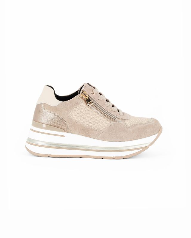 Product: MISS GLOBO - Scarpa sneakers beige scamosciata in VERA PELLE con zeppa, lacci e zip laterale (1 of 4)
