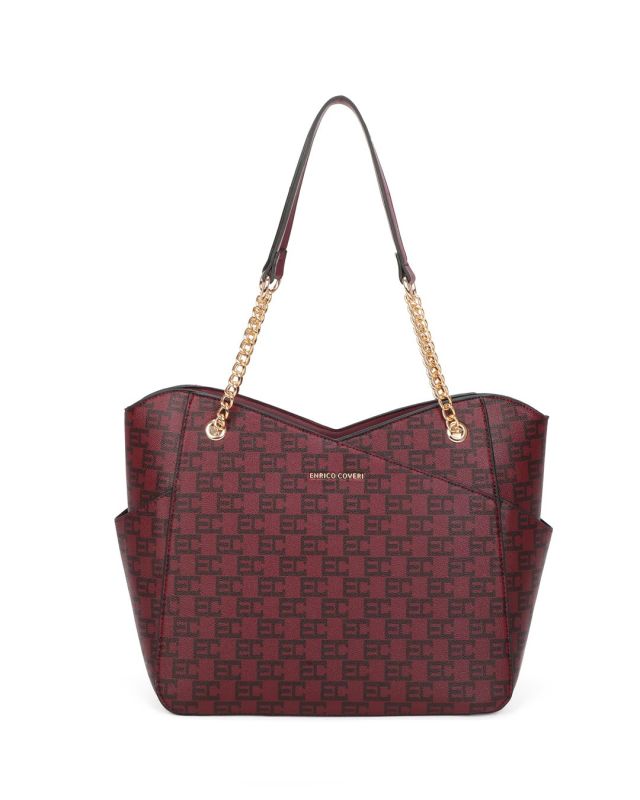 Product: ENRICO COVERI - Borsa shopping loggata bordeaux con tasche laterali e manici con catena (1 of 3)