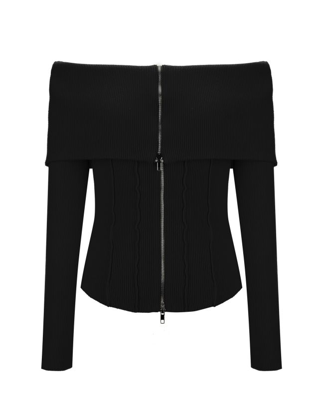 Product: BACHATA - Maglia manica lunga nera spalle scoperte e zip intera (1 of 2)