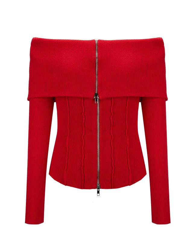 Product: BACHATA - Maglia manica lunga rossa spalle scoperte e zip intera (1 of 4)