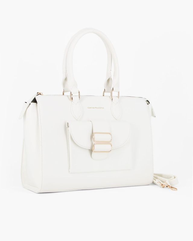 Product: CORTINA POLO STYLE - Borsa due manici bianca con tasca frontale con doppia fibbia sulla patta, tracolla removibile (1 of 4)