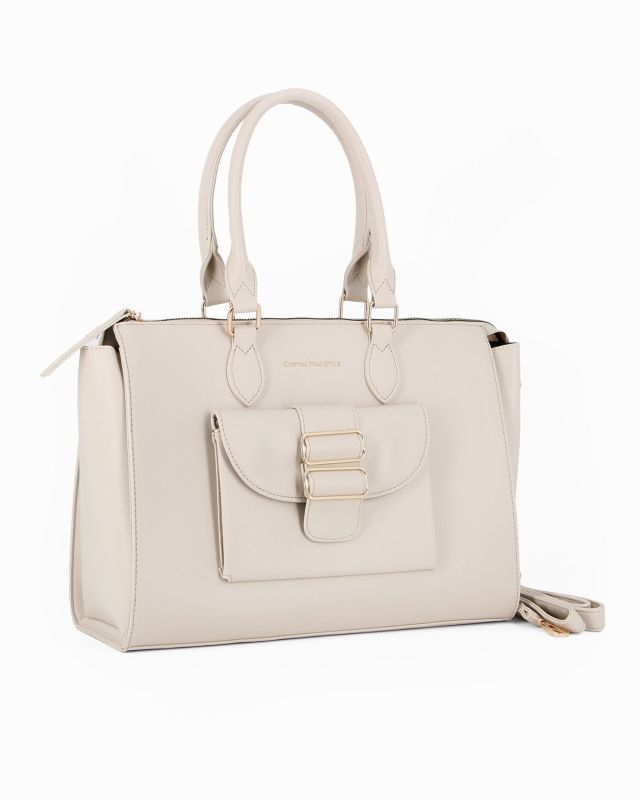 Product: CORTINA POLO STYLE - Borsa due manici beige con tasca frontale con doppia fibbia sulla patta, tracolla removibile (1 of 4)