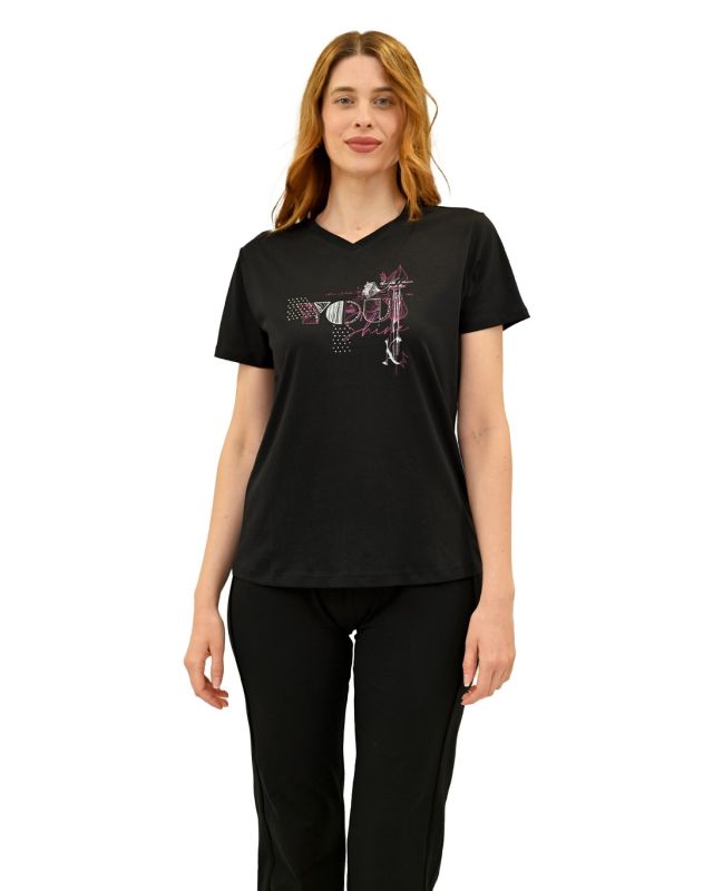 Product: KEY UP - T-SHIRT MEZZA MANICA DONNA NERA CON STAMPA FRONTALE - 5S896/0002 (1 of 4)