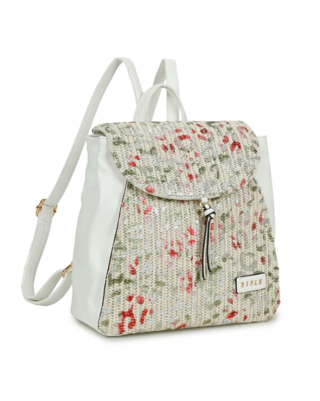 Product: RIFLE - Zaino bianco con parte frontale maculata multicolor in paglia, patta e tasca posteriore (1 of 3)