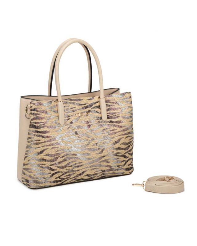 Product: RIFLE - Borsa due manici beige con tre scomparti interni e trama frontale zebrata a intreccio, tracolla removibile (1 of 3)
