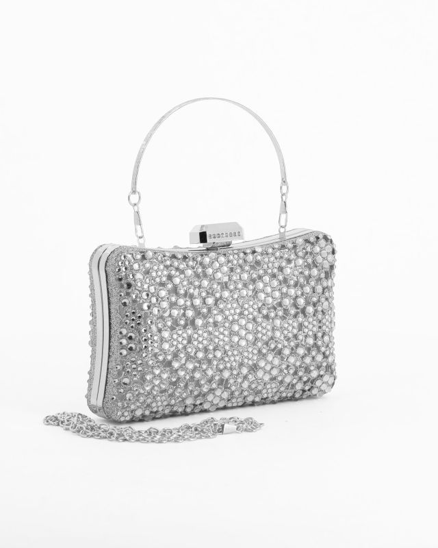 Product: DIVAS - Clutch trasparente con strass argento, tracolla e manico removibili (1 of 4)