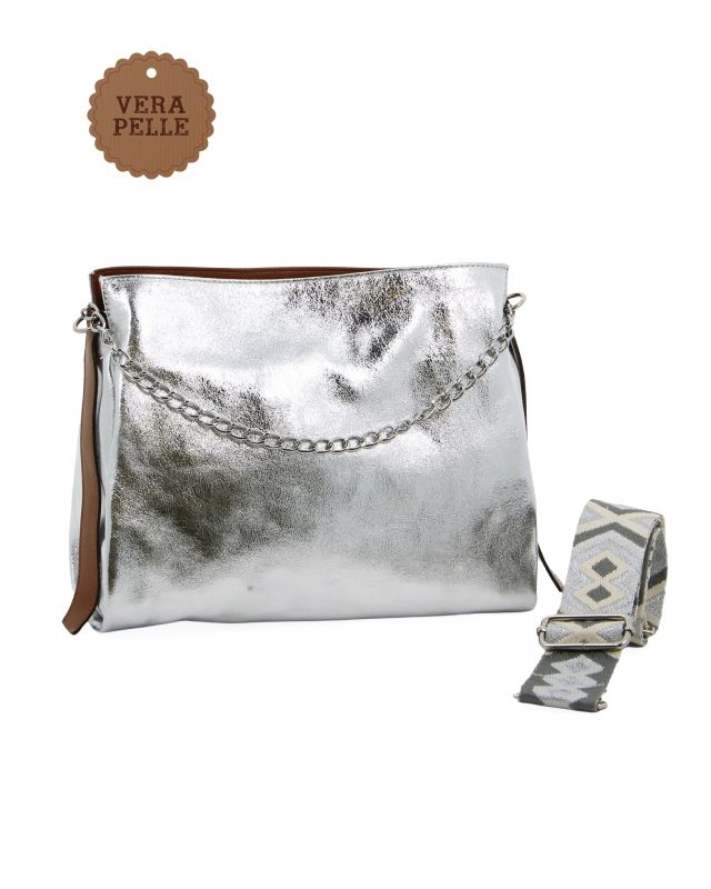 Product: DIVAS - Borsa sacca argento in VERA PELLE con tracolla nastro - MADE IN ITALY (1 of 5)