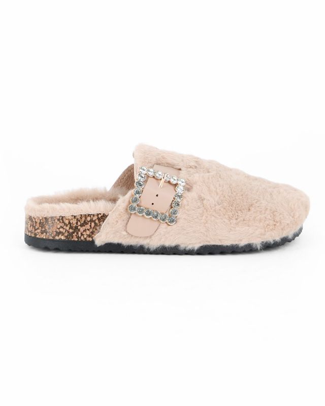 Product: TATOO - Sabot beige con pelliccia e cinturino con fibbia strass (1 of 4)