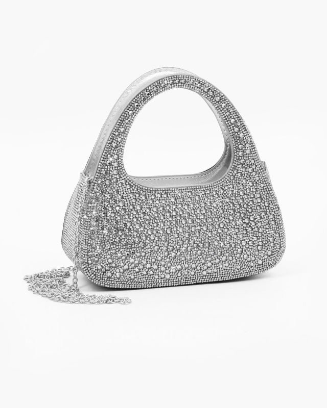 Product: MISS GLOBO - Pochette silver a due manici tutta strass, tracolla removibile (1 of 12)