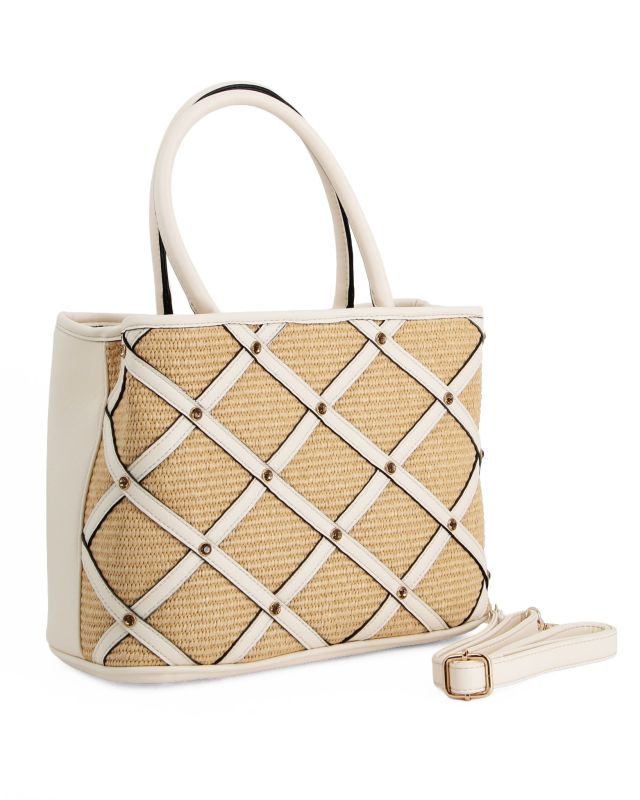 Product: RIFLE - Borsa due manici beige con parte frontale in paglia, tracolla removibile (1 of 4)