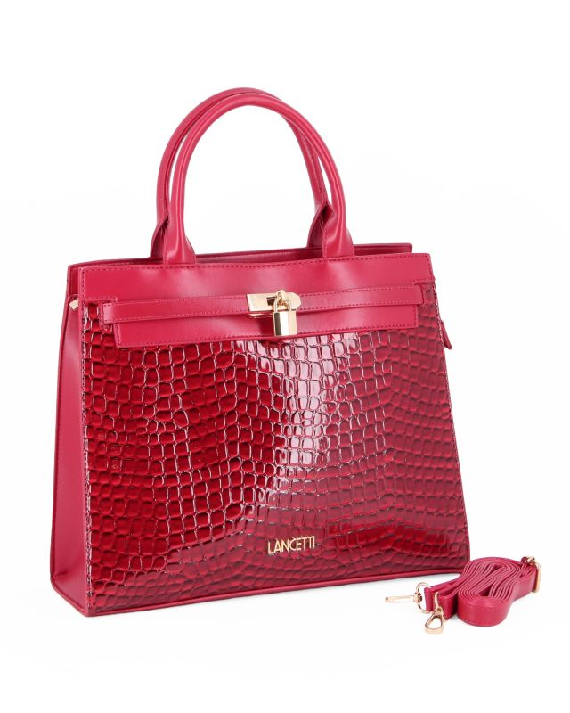 Product: LANCETTI - Borsa a due manici rubino in cocco con dettaglio lucchetto sul davanti, tracolla removibile (1 of 4)