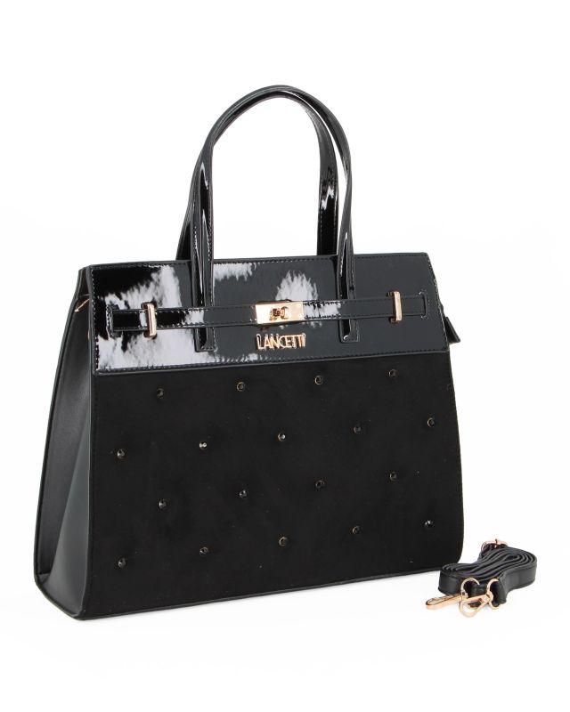 Product: LANCETTI - Borsa a due manici nera con parte frontale scamosciata e dettagli strass, tracolla removibile (1 of 4)