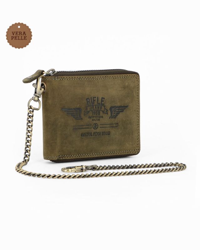 Product: RIFLE - Portafoglio verde in VERA PELLE da uomo con zip e catenina removibile (1 of 12)