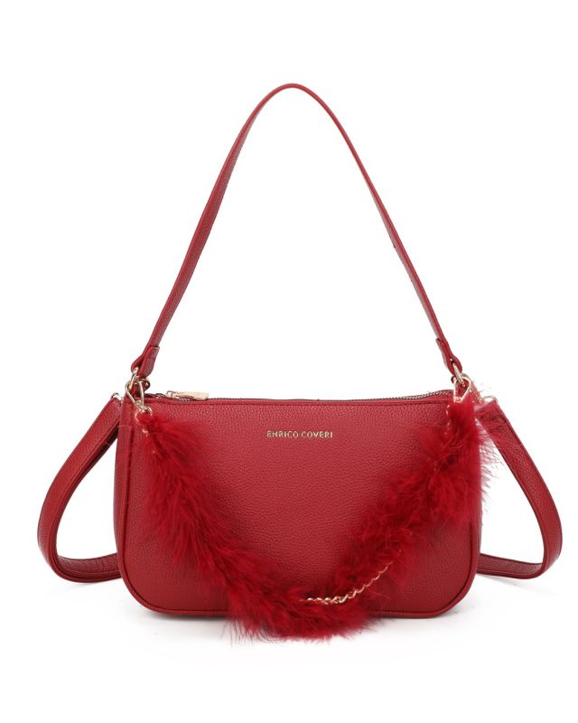 Product: ENRICO COVERI - Borsa a spalla rossa con dettaglio catenina con piume, tracolla removibile (1 of 3)