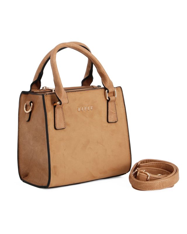 Product: RIFLE - Borsa due manici senape scamosciata con tre scomparti principali, tracolla removibile (1 of 4)