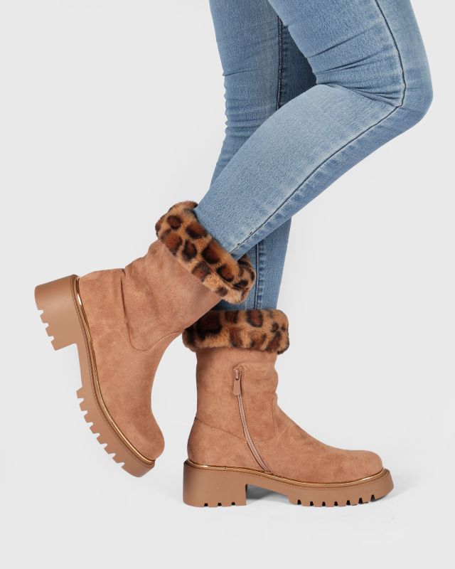 Product: MISS GLOBO - Stivale camel scamosciato con pelliccia leopardata e zip laterale, tacco 5CM (1 of 8)
