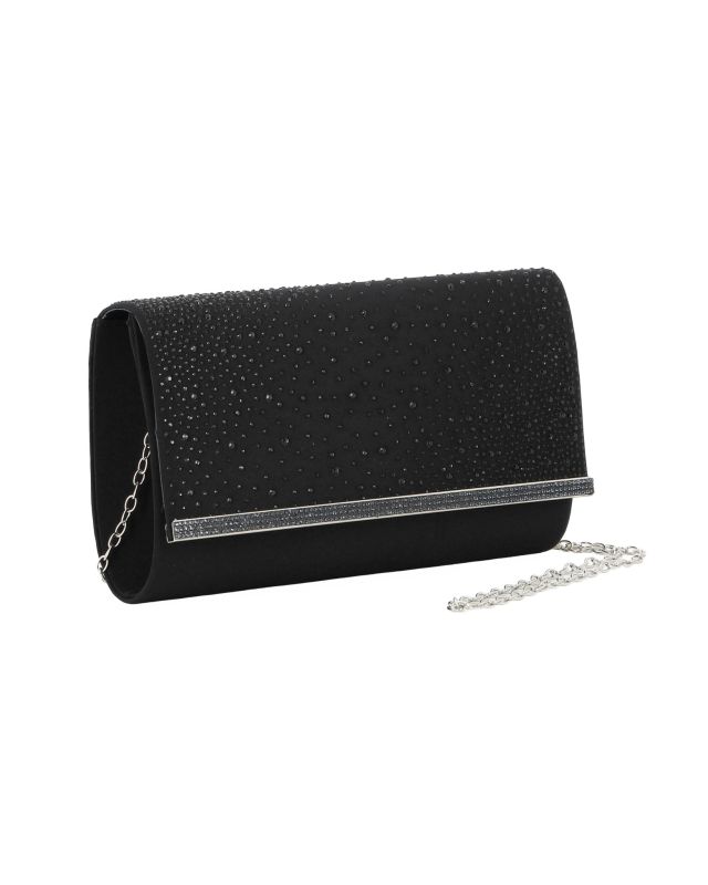 Product: MISS GLOBO - Borsa pochette nera in raso con strass sulla patta e stecca in metallo di strass (1 of 16)
