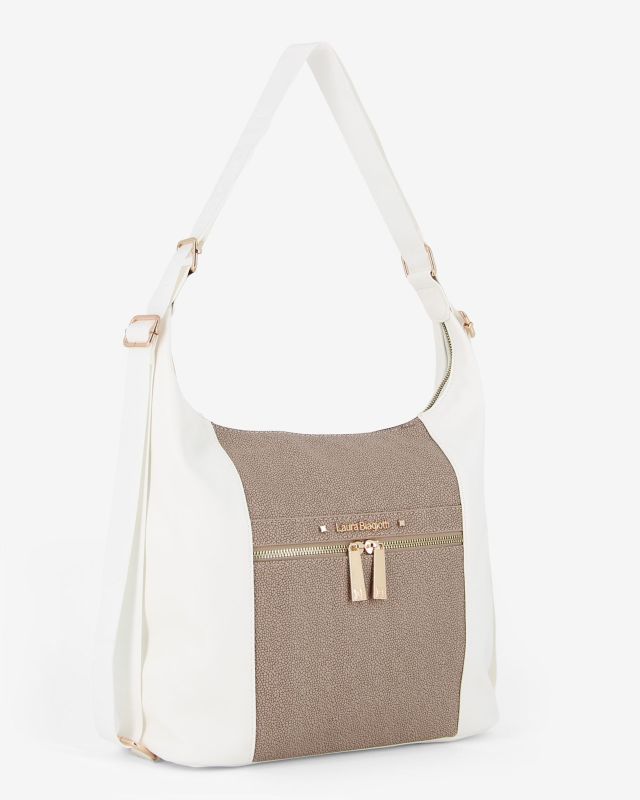 Product: LAURA BIAGIOTTI - Sacca/Zaino bianca con inserto centrale tortora, tasca frontale e posteriore (1 of 4)