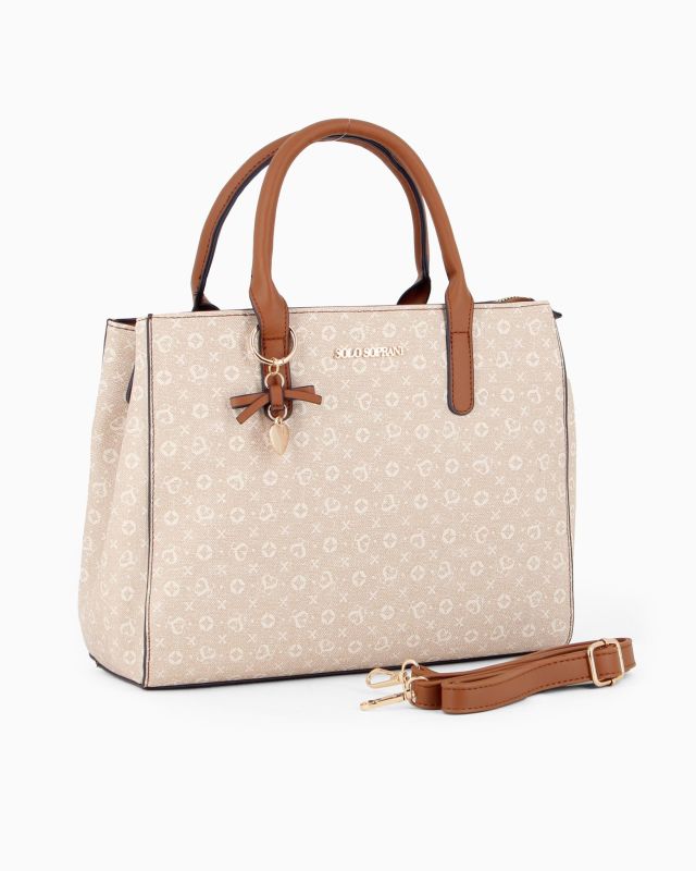 Product: SOLO SOPRANI - Borsa due manici beige loggata con ciondolo fiocco+cuore, tracolla removibile (1 of 5)