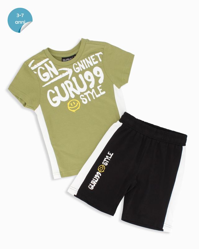 Product: GURU - Completo manica corta verde militare bambino 3-7 anni in cotone (1 of 2)