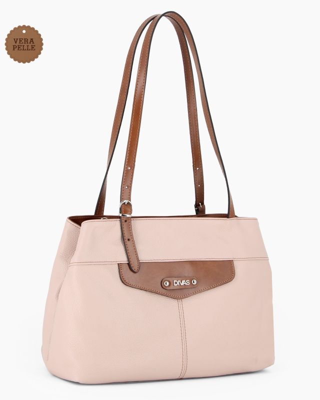 Product: DIVAS - Borsa a spalla carne in VERA PELLE con finiture cuoio e manici regolabili, MADE IN ITALY (1 of 4)