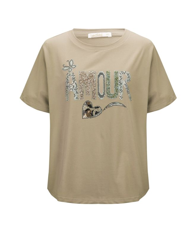 Product: BACHATA - Tshirt manica corta beige con scritta e strass (1 of 2)