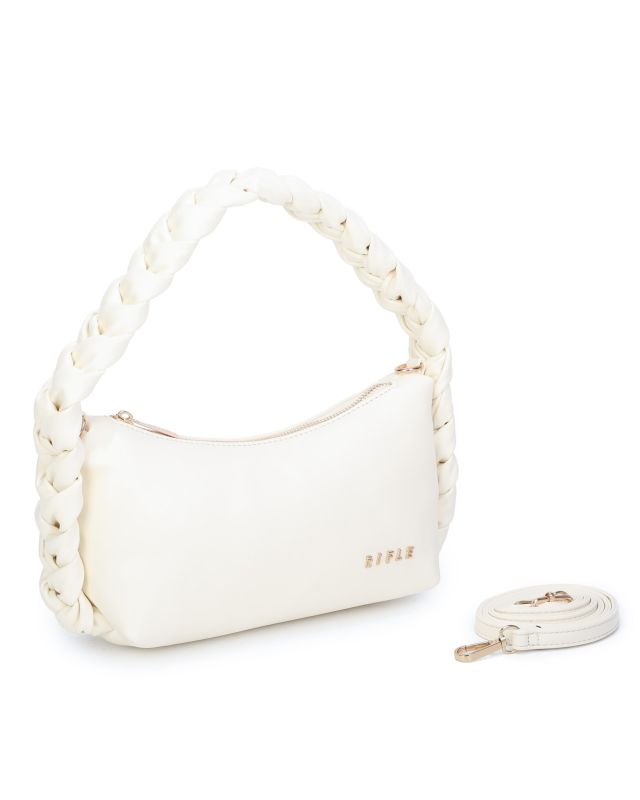 Product: RIFLE - Borsa a spalla avorio con manico intrecciato, tracolla removibile (1 of 3)