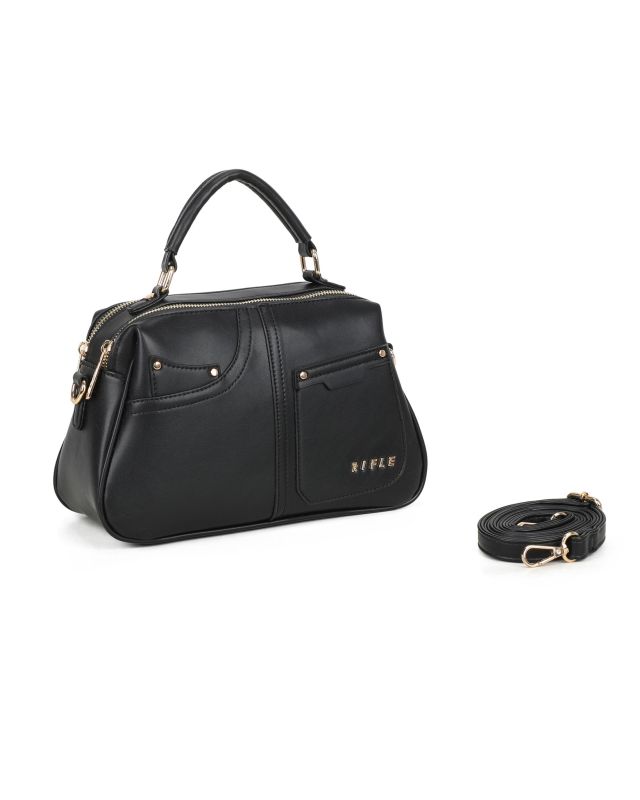 Product: RIFLE - Borsa a mano nera con due scomparti principali e finte tasche frontali, tracolla removibile (1 of 3)