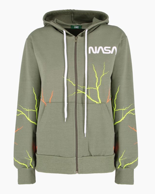 Product: CUBA 10 - Felpa verde salvia con cappuccio e zip in cotone da donna (1 of 4)