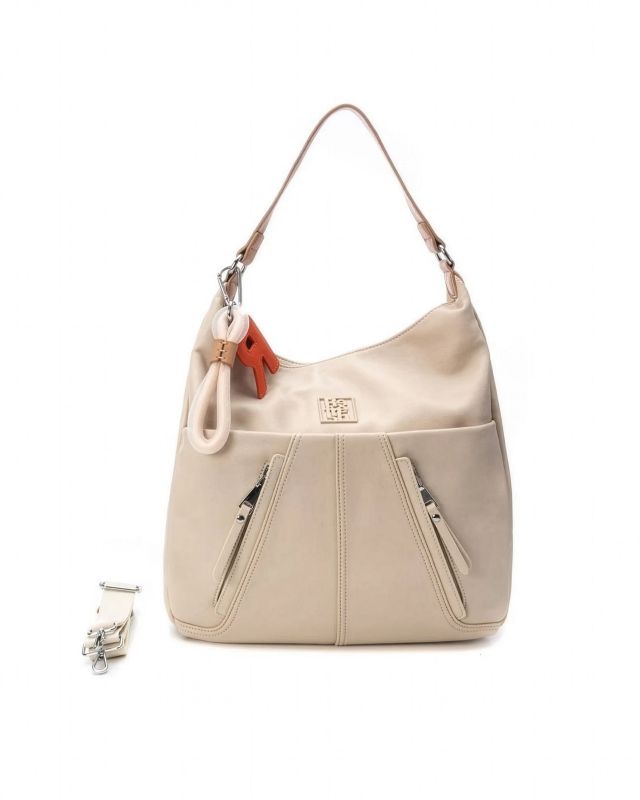 Product: REFRESH - Borsa a spalla beige con tasche frontali e moschettone con ciondoli, tracolla removibile (1 of 4)