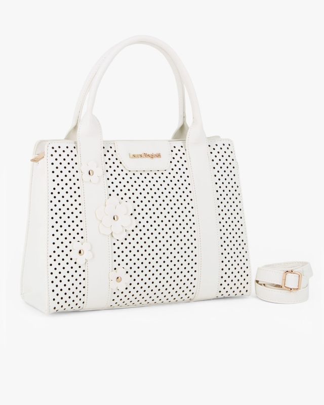 Product: LAURA BIAGIOTTI - Borsa a mano bianca con apllicazione fiori, tracolla removibile (1 of 8)